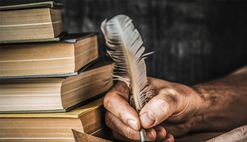 A person holding a quill, carefully writing in a book, capturing the essence of comedy writing.